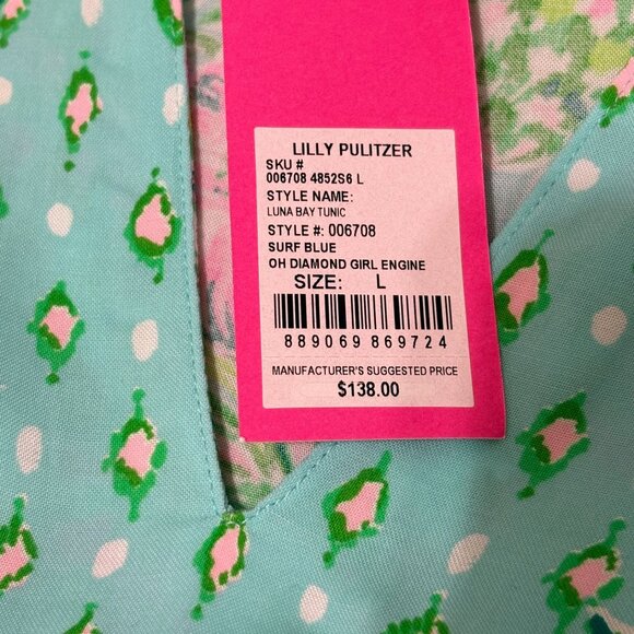 Lilly Pulitzer "Oh Diamond Girl" Luna Bay Tunic Surf Blue Floral Print Women's L - Picture 7 of 7